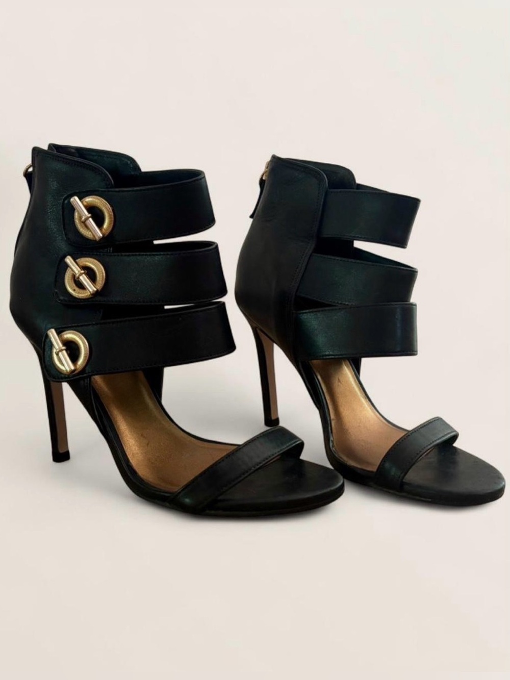 Reiss Black Strappy High Heel Sandals with Gold Ring Hardware